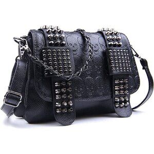 Black Leather Skull Crossbody Bag Chain Gothic Shoulder Biker Rocker Studded NWT